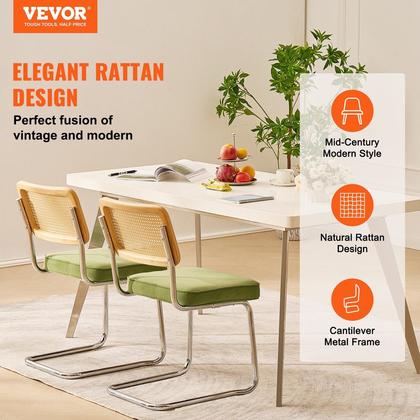 Set of 2 Mid-Century Modern Velvet Chairs with Rattan Back, Green