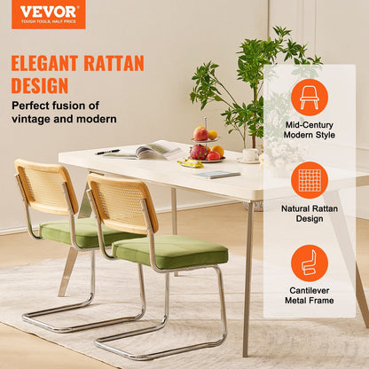 Set of 2 Mid-Century Modern Velvet Chairs with Rattan Back, Green
