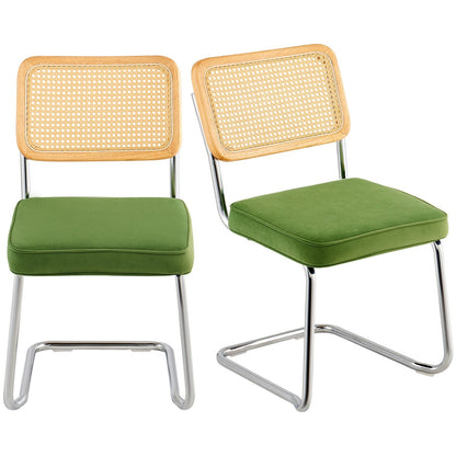 Set of 2 Mid-Century Modern Velvet Chairs with Rattan Back, Green