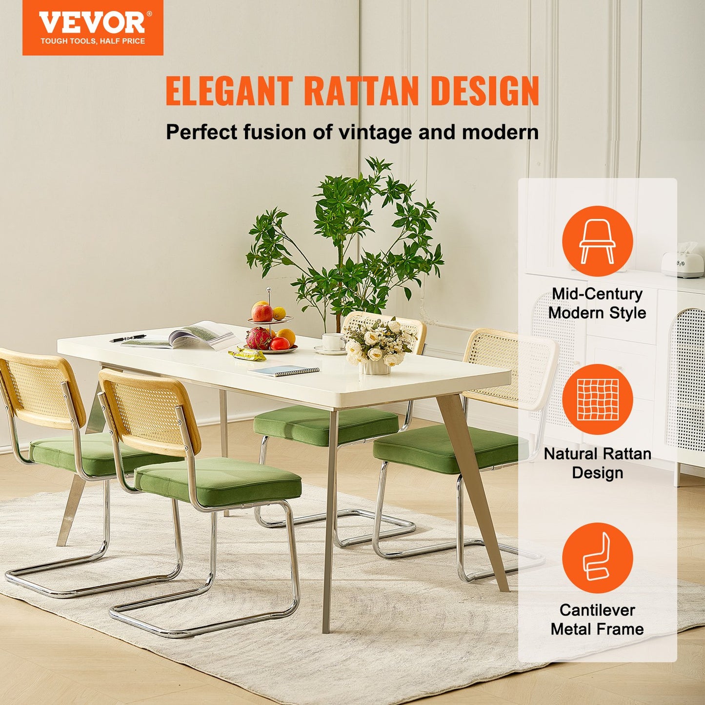 VEVOR Rattan Chairs, Set of 4, Mid Century Modern Dining Chair, Upholstered Velvet