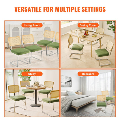 Set of 4 Mid-Century Modern Velvet Dining Chairs with Rattan Back, Green