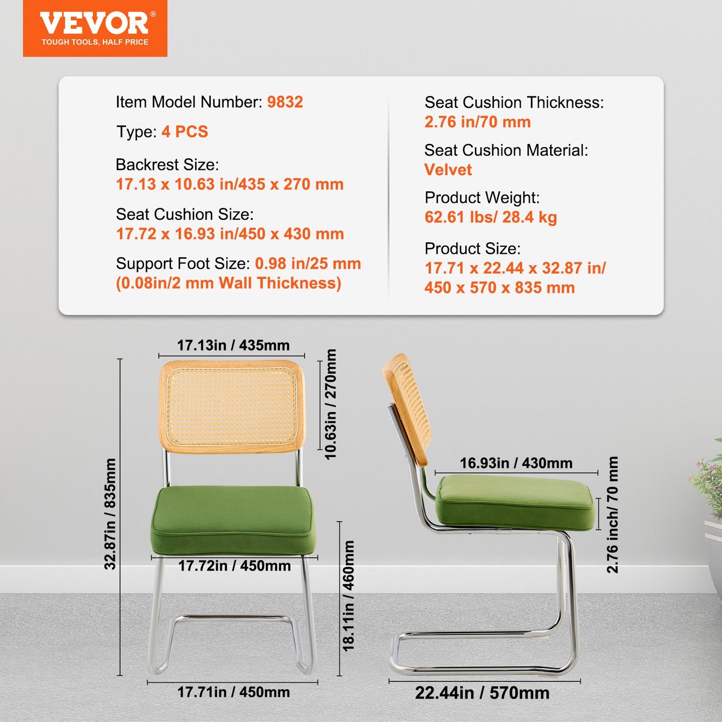 VEVOR Rattan Chairs, Set of 4, Mid Century Modern Dining Chair, Upholstered Velvet