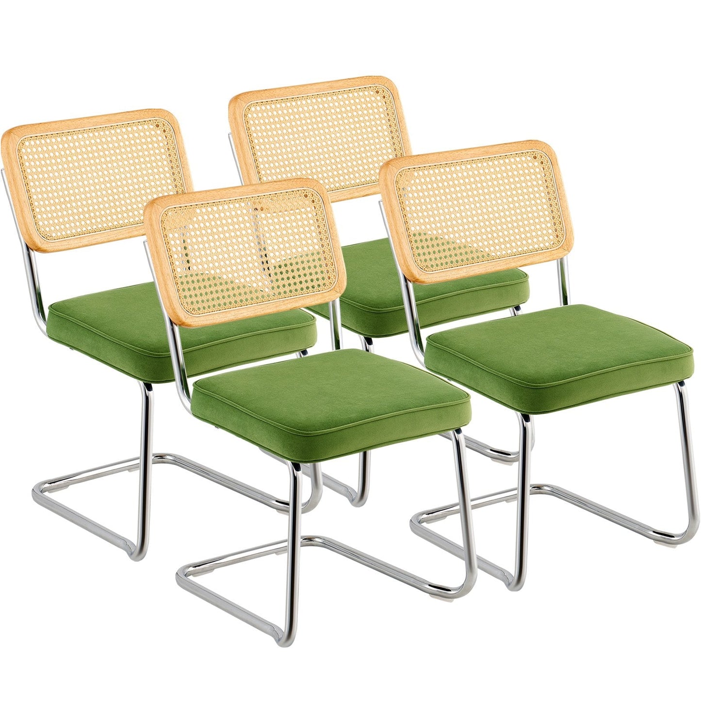 Set of 4 Mid-Century Modern Velvet Dining Chairs with Rattan Back, Green