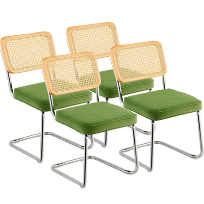 Set of 4 Mid-Century Modern Velvet Dining Chairs with Rattan Back, Green