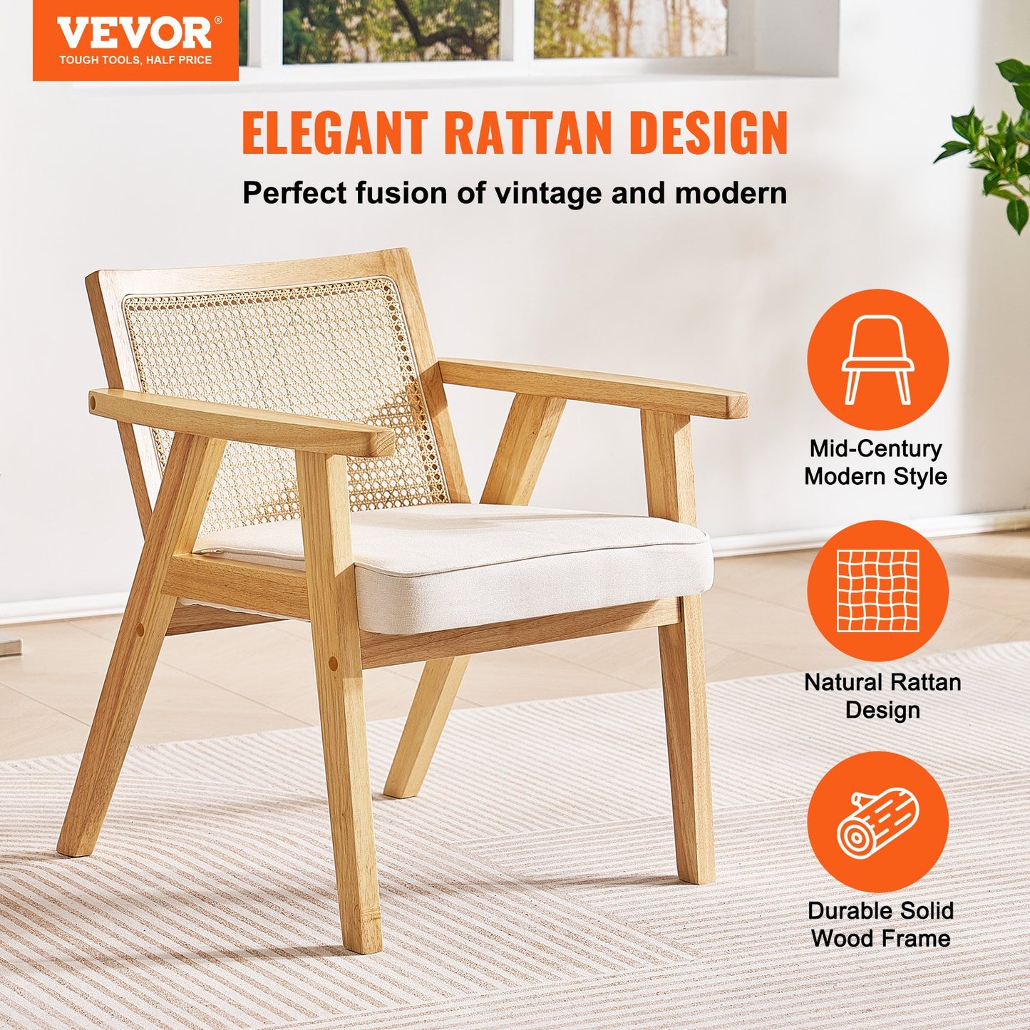 VEVOR Rattan Chair, Mid Century Modern Dining Chair with Armrest, Upholstered Chair