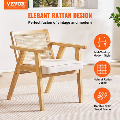 VEVOR Rattan Chair, Mid Century Modern Dining Chair with Armrest, Upholstered Chair
