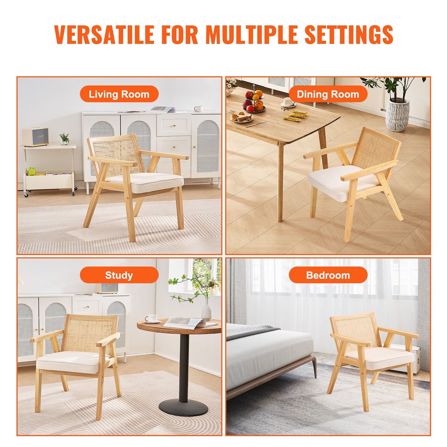 VEVOR Rattan Chair, Mid Century Modern Dining Chair with Armrest, Upholstered Chair