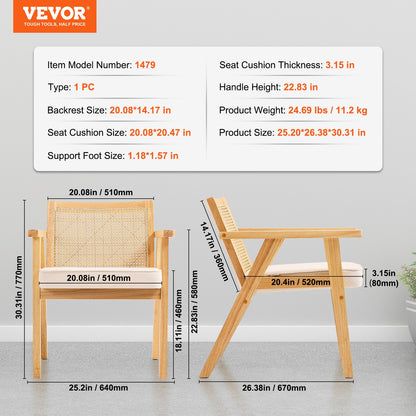 VEVOR Rattan Chair, Mid Century Modern Dining Chair with Armrest, Upholstered Chair
