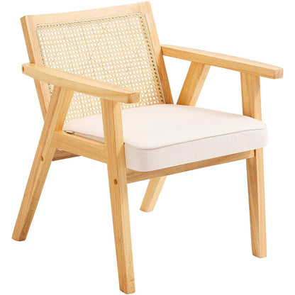 Mid-Century Modern Rattan Dining Chair with Armrests and Upholstery, Beige