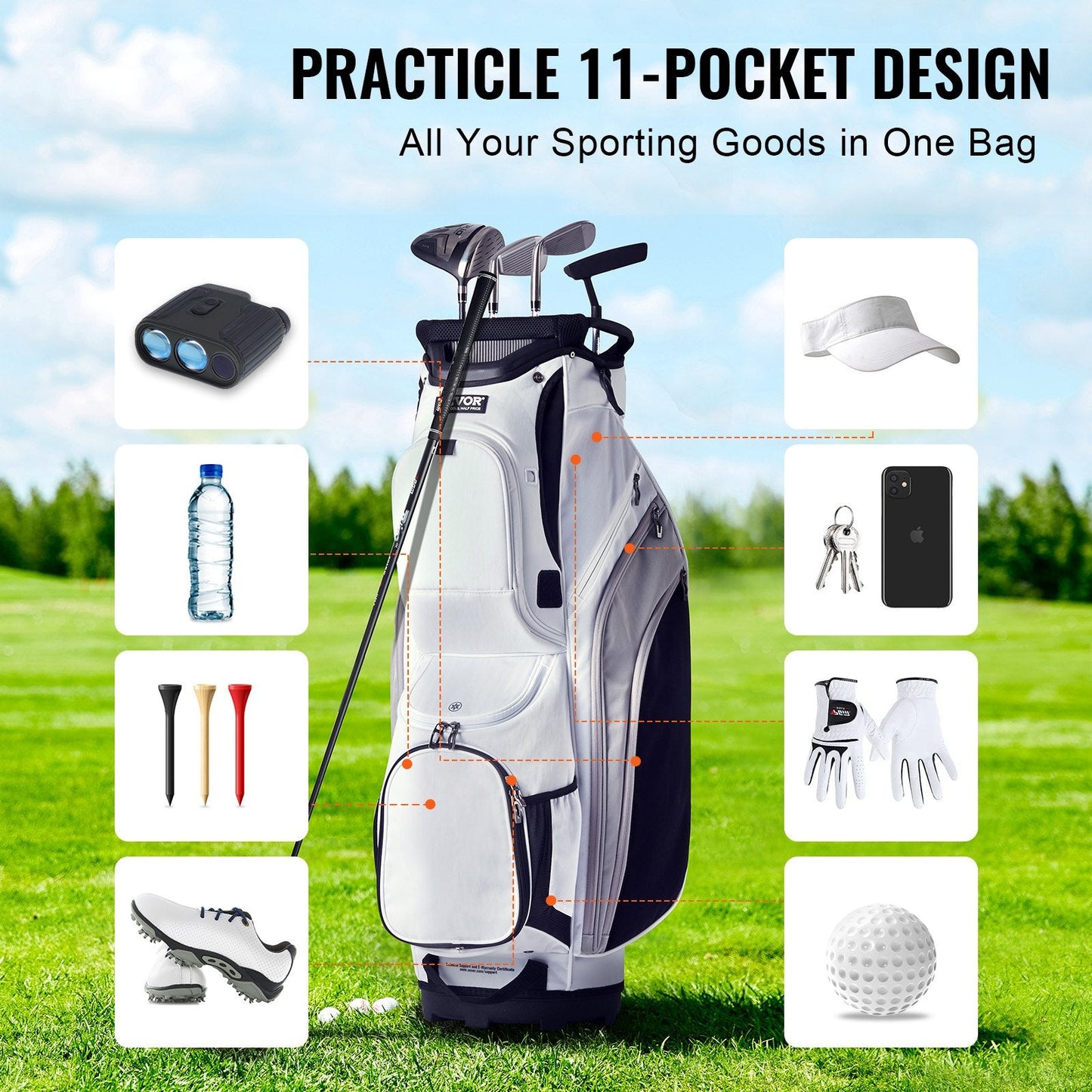 Golf Cart Bag with 14-Way Divider, 0.9m Height, 13 Pockets, White, Nylon