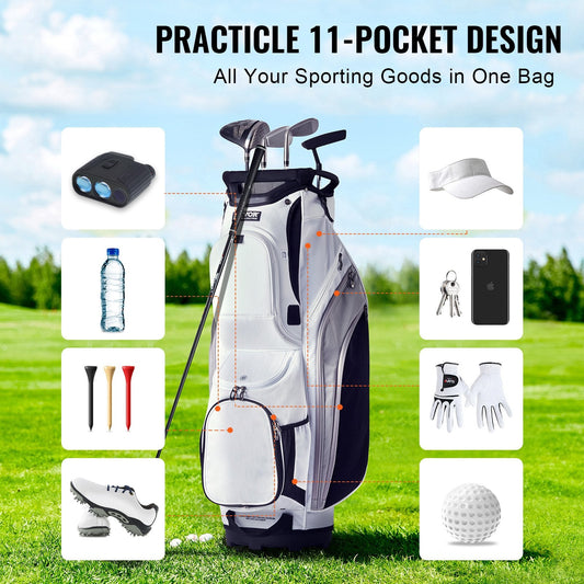 Golf Cart Bag with 14-Way Divider, 0.9m Height, 13 Pockets, White, Nylon