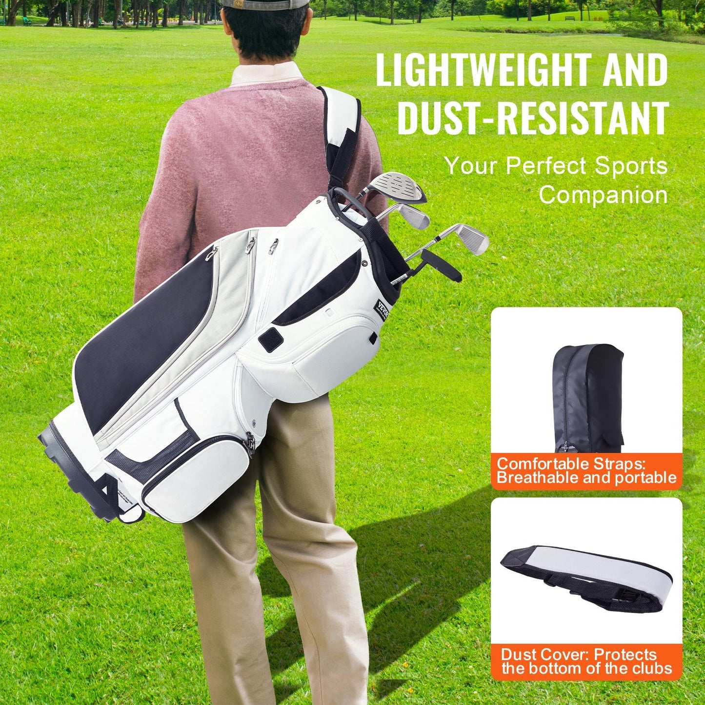Golf Cart Bag with 14-Way Divider, 0.9m Height, 13 Pockets, White, Nylon
