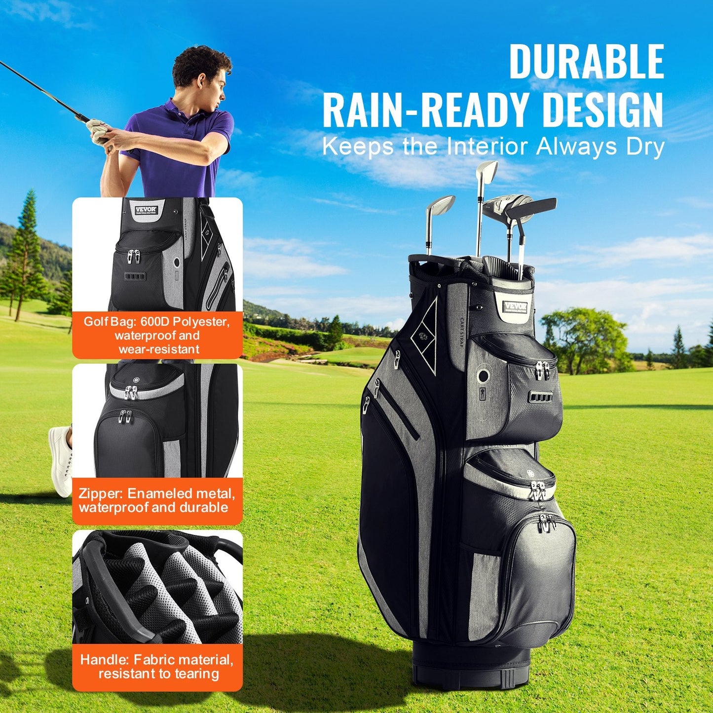 Premium Golf Cart Bag with 14-Way Divider, 0.9m Tall, 13 Pockets, Black
