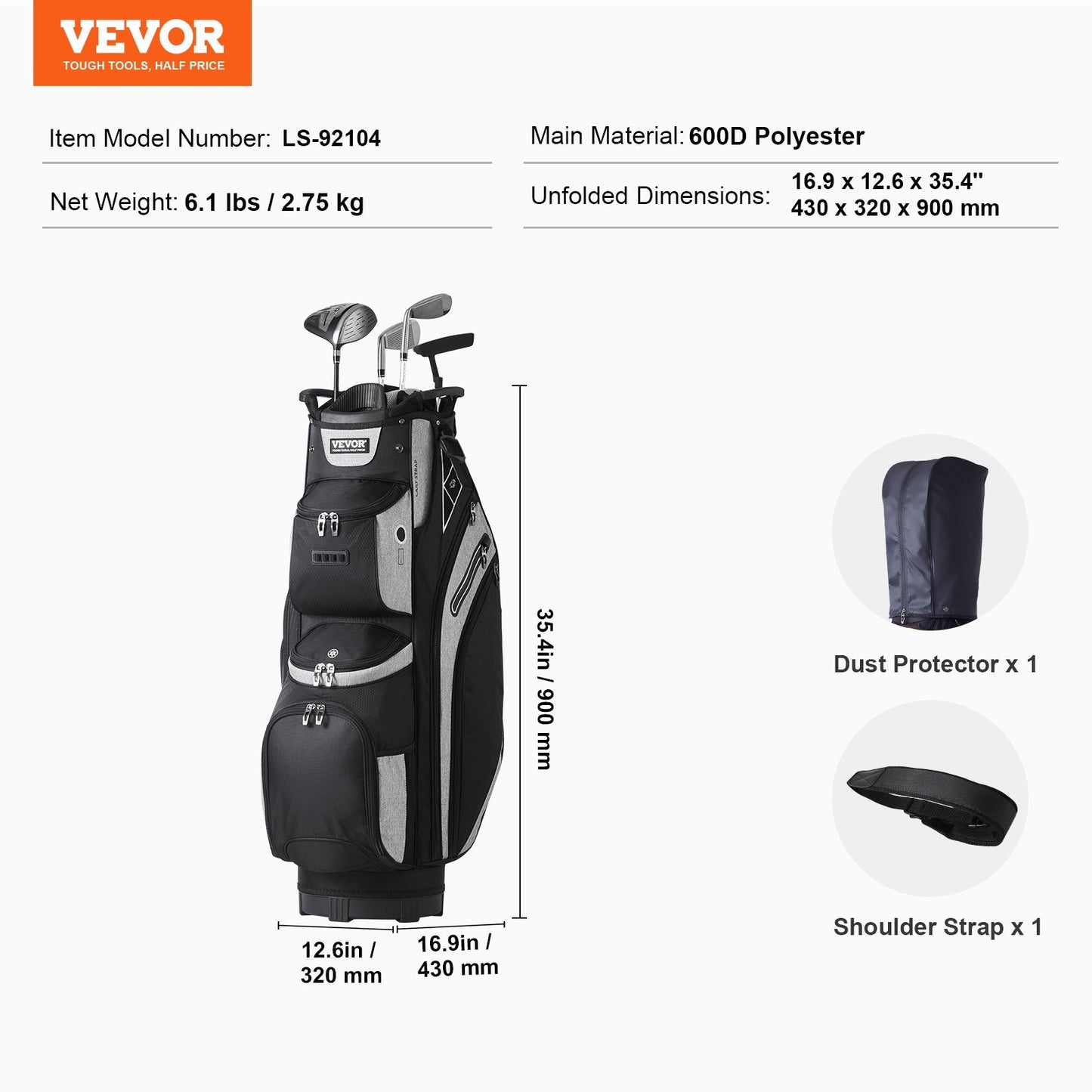 Premium Golf Cart Bag with 14-Way Divider, 0.9m Tall, 13 Pockets, Black