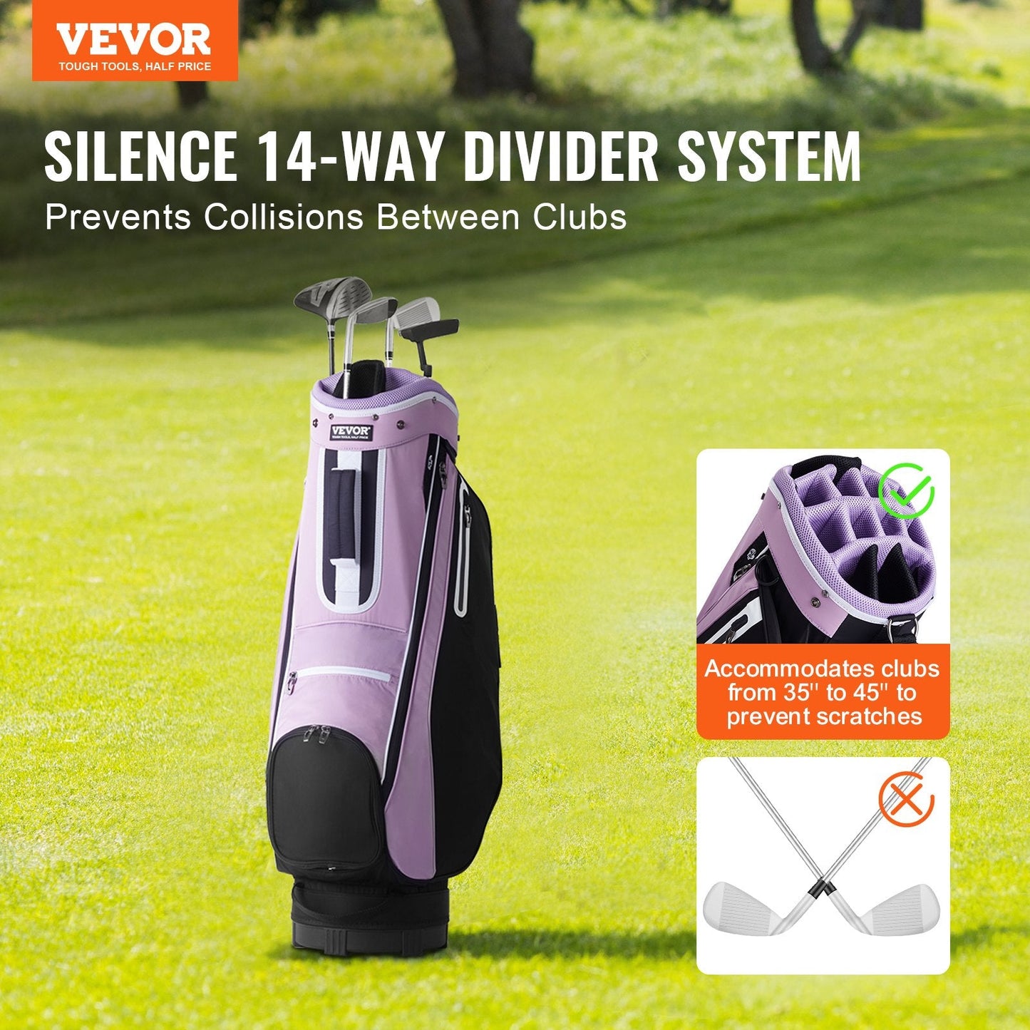 Premium Golf Cart Bag with 14-Way Divider, 0.9m, Multiple Pockets, Black/Purple
