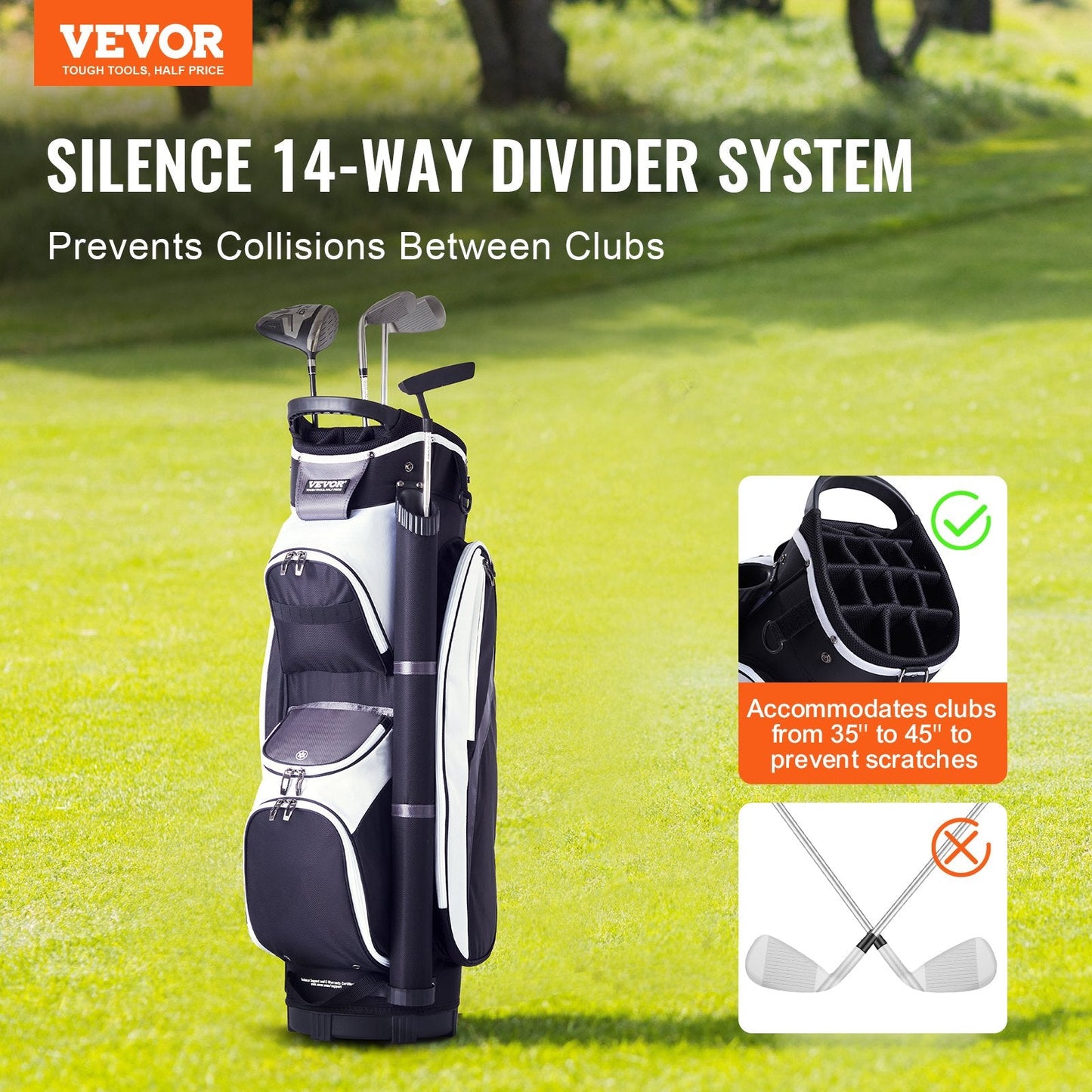 Golf Cart Bag with 14-Way Divider, 0.9m, Multiple Pockets, Black, Waterproof