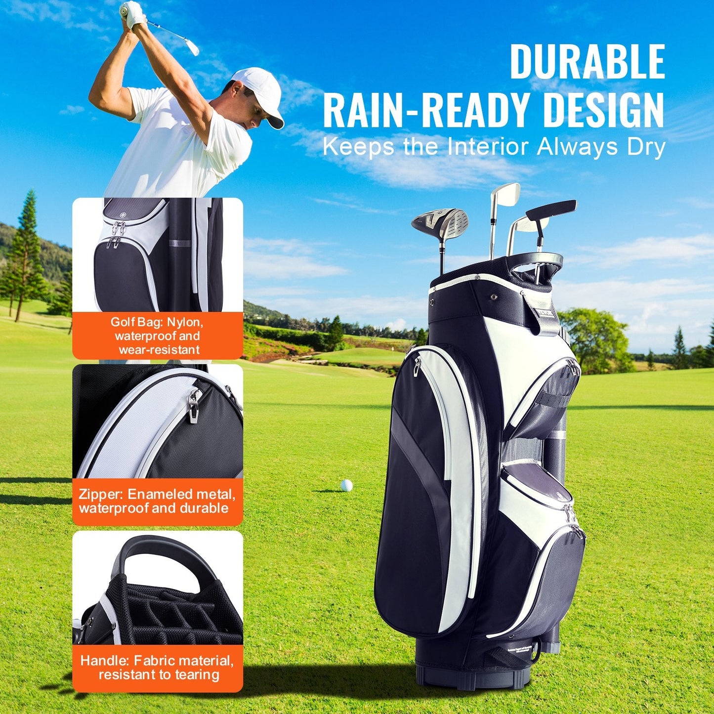 Golf Cart Bag with 14-Way Divider, 0.9m, Multiple Pockets, Black, Waterproof