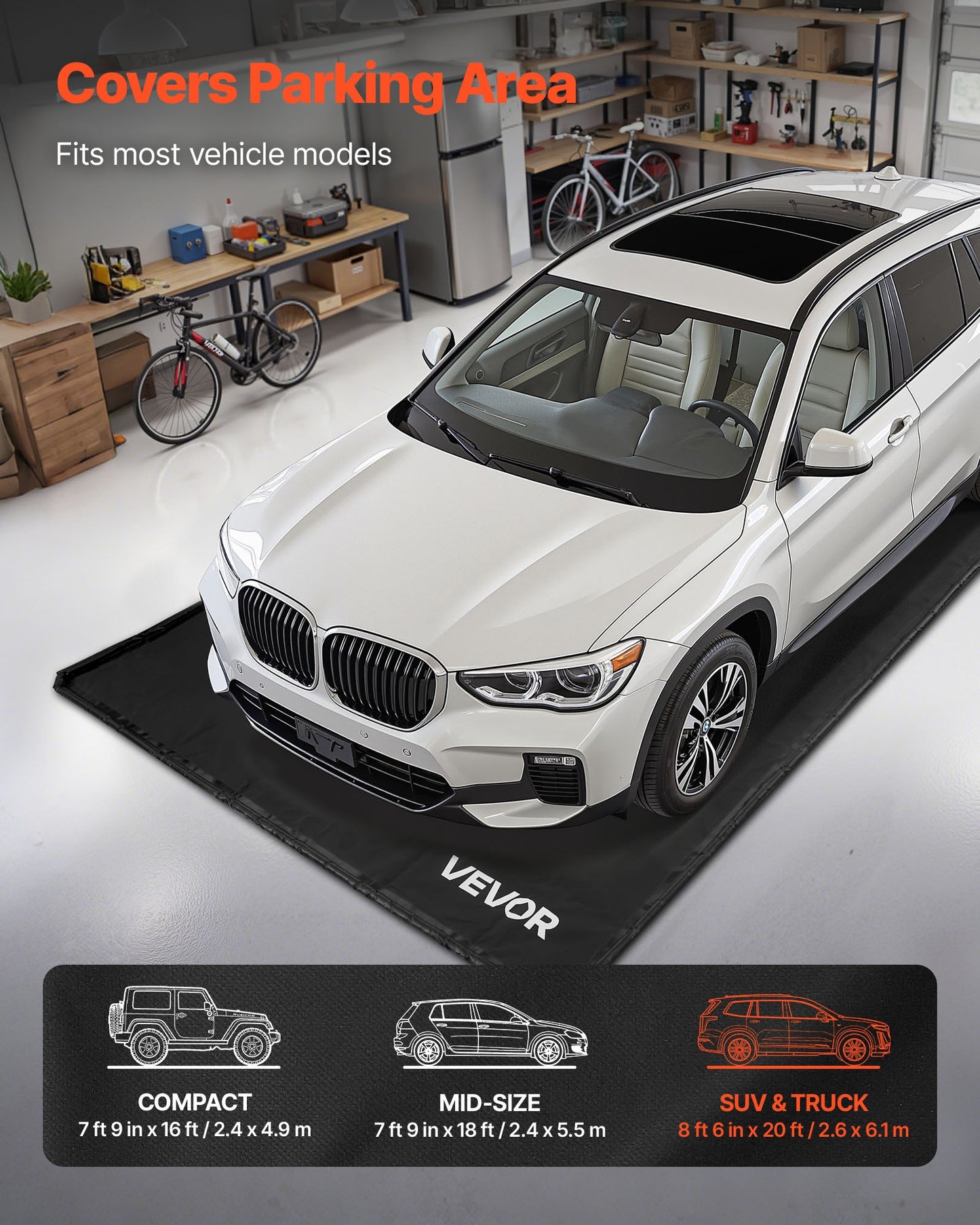 Containment Mat, 2.6 x 6.1 m, Non-Slip PVC Garage Floor Mat with a Cleaning Squeegee Broom, Heavy Duty Durable Waterproof Protection from Snow, Rain and Mud for Cars SUVs Trucks Parking, Black
