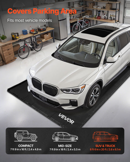 Containment Mat, 2.6 x 6.1 m, Non-Slip PVC Garage Floor Mat with a Cleaning Squeegee Broom, Heavy Duty Durable Waterproof Protection from Snow, Rain and Mud for Cars SUVs Trucks Parking, Black