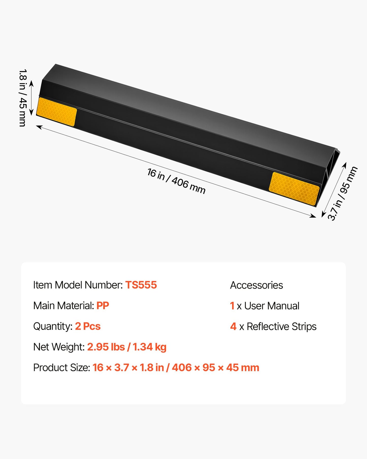 Parking Stopper, 406 mm 2 Pcs Heavy Duty Parking Aid for Garage, PP Curb Garage Floor Stopper with Reflective Strips, Vehicles Gadgets for Cars Vans Trucks Tire Wheel Guide Block Stops Bumpers