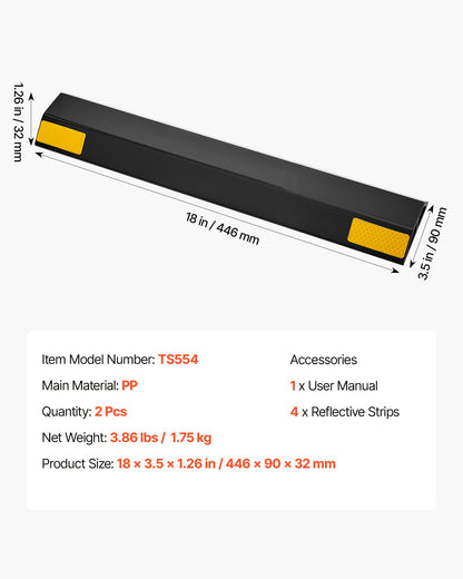 Parking Stopper, 446 mm 2 Pcs Heavy Duty Parking Aid for Garage, PP Curb Garage Floor Stopper with Reflective Strips, Vehicles Gadgets for Cars Vans Trucks Tire Wheel Guide Block Stops Bumpers