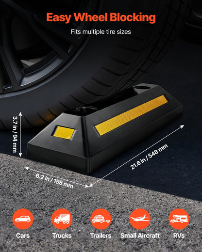 Parking Stopper, 548 mm 2 Pcs Heavy Duty Parking Aid for Garage, Rubber Curb Garage Floor Stopper with Reflective Strips, Aid Gadgets for Cars Vans Trucks Tire Wheel Guide Block Stops Bumpers