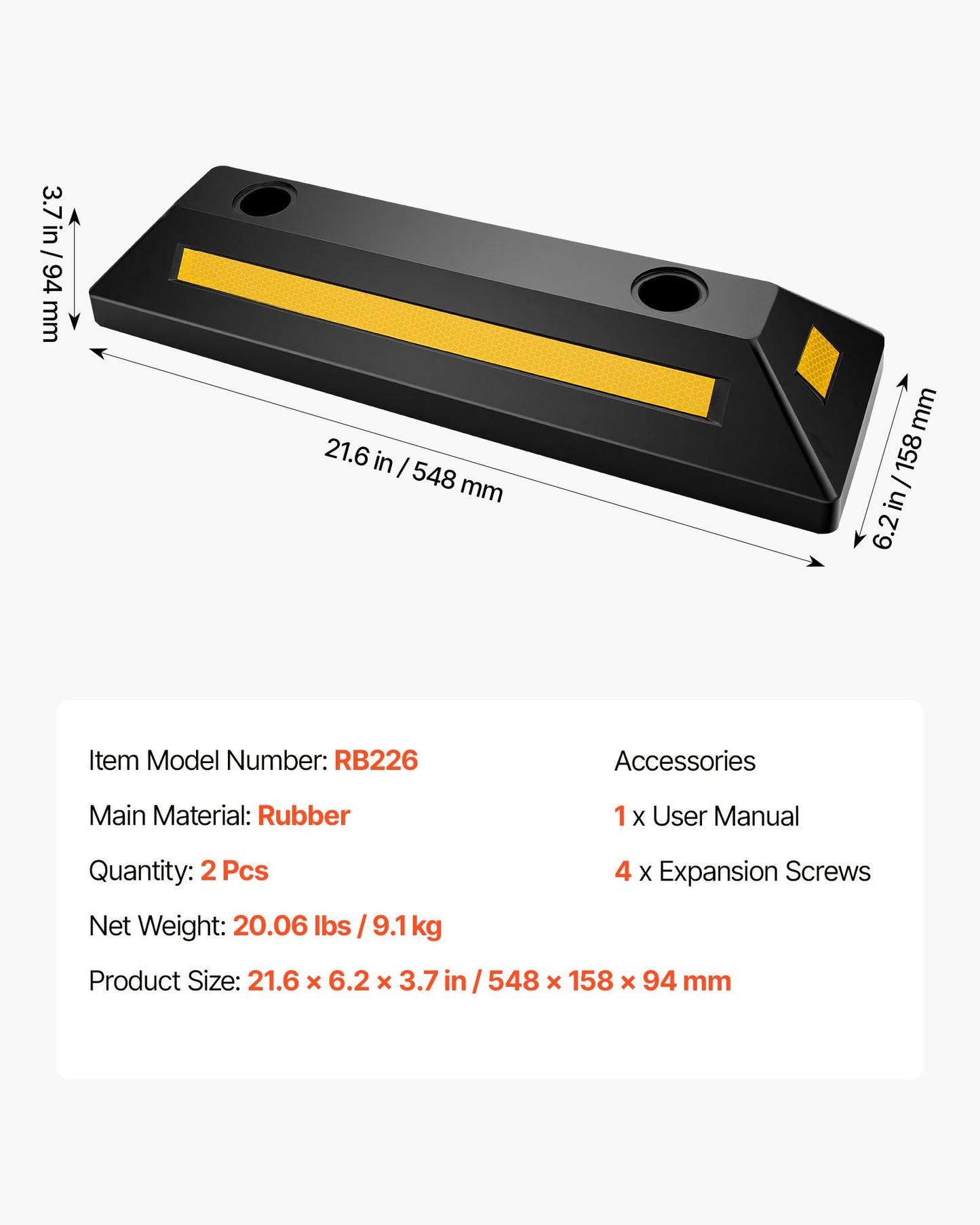 Parking Stopper, 548 mm 2 Pcs Heavy Duty Parking Aid for Garage, Rubber Curb Garage Floor Stopper with Reflective Strips, Aid Gadgets for Cars Vans Trucks Tire Wheel Guide Block Stops Bumpers
