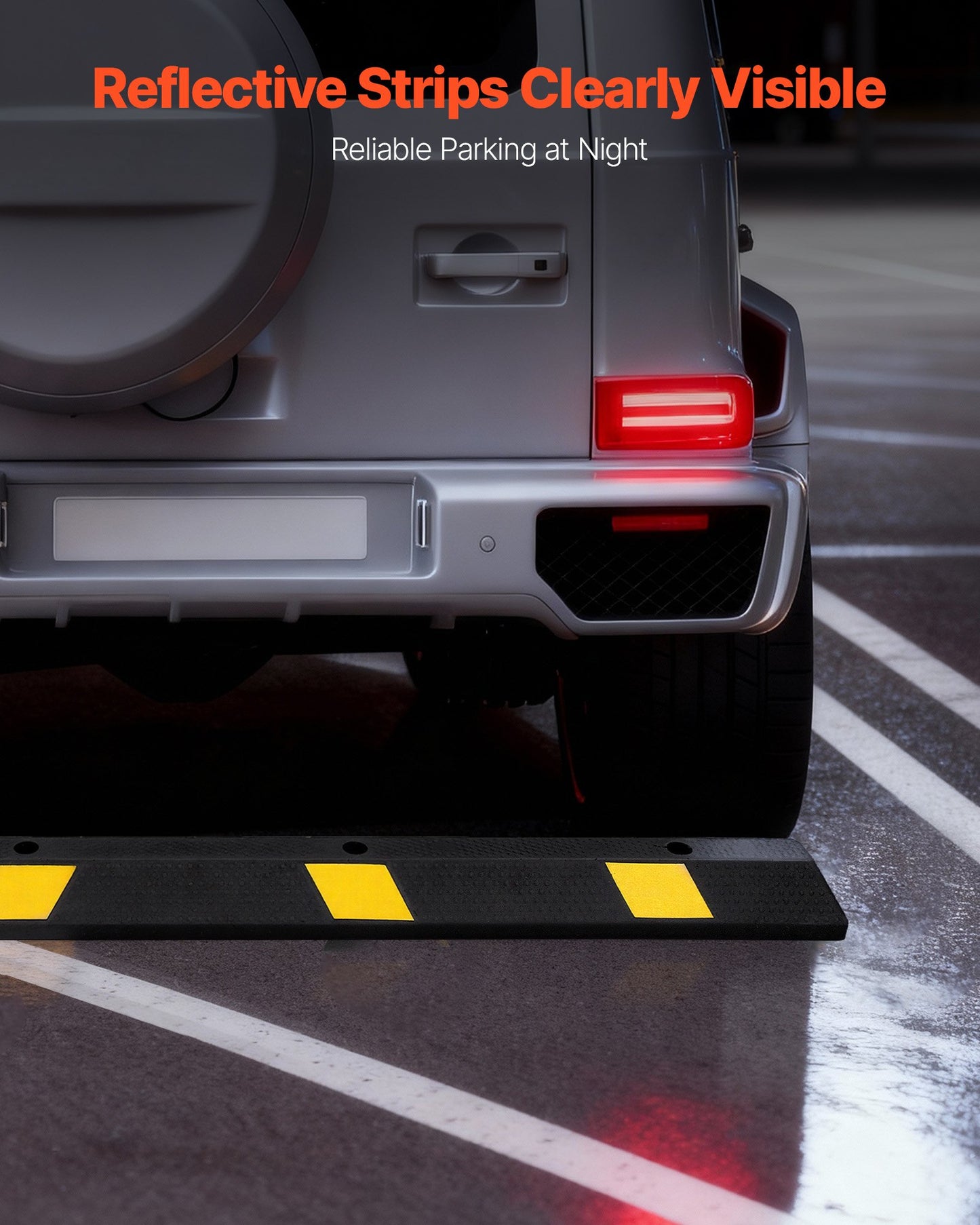 Parking Stopper, 1840 mm Heavy Duty Parking Aid for Garage, Rubber Curb Garage Floor Stopper with Reflective Strips, Vehicles Gadgets for Cars Vans Trucks Tire Wheel Guide Block Stops Bumpers