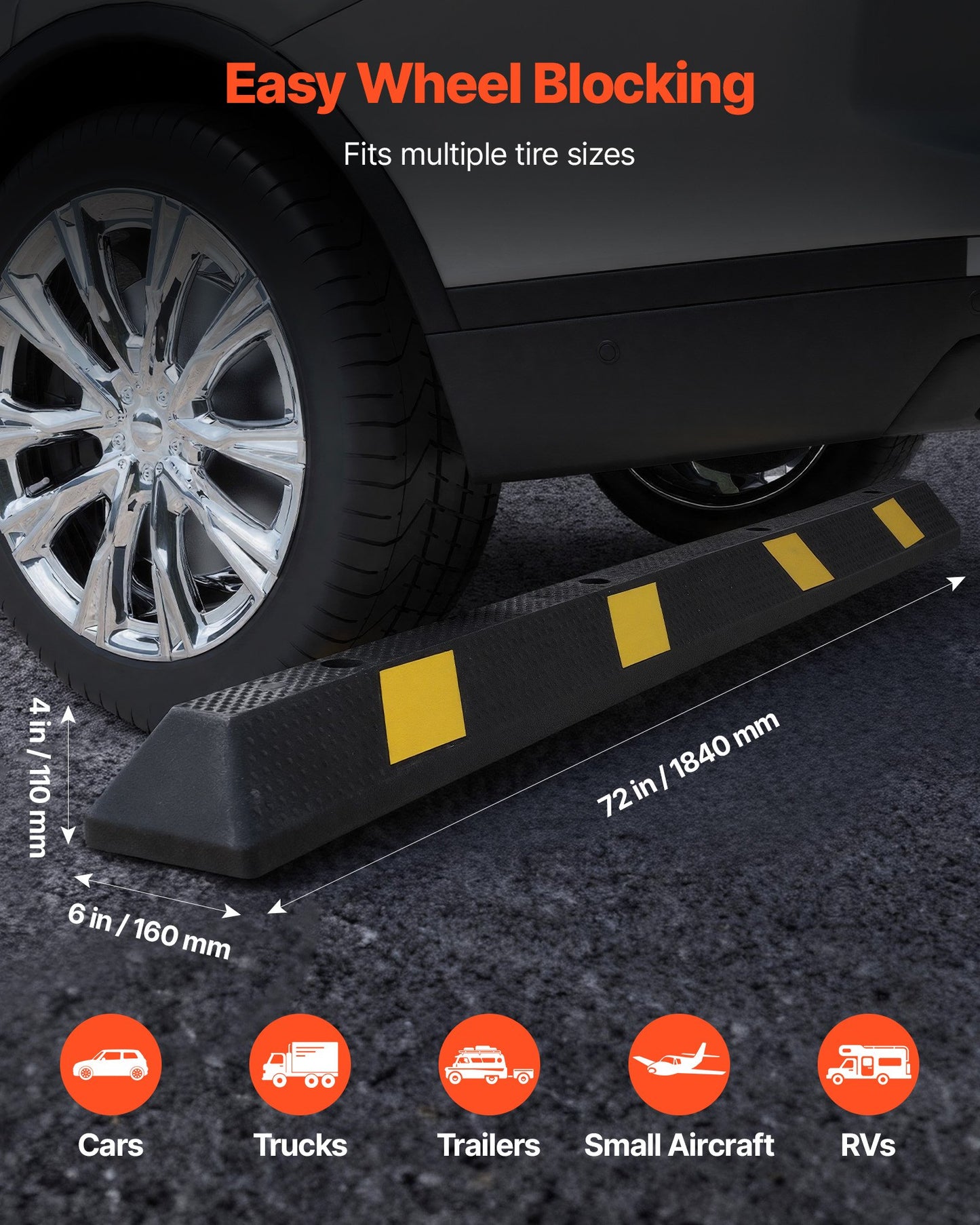 Parking Stopper, 1840 mm 2 Pcs Heavy Duty Parking Aid for Garage, Rubber Curb Garage Floor Stopper with Reflective Strips, Aid Gadgets for Cars Vans Trucks Tire Wheel Guide Block Stops Bumpers