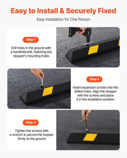 Parking Stopper, 1840 mm 2 Pcs Heavy Duty Parking Aid for Garage, Rubber Curb Garage Floor Stopper with Reflective Strips, Aid Gadgets for Cars Vans Trucks Tire Wheel Guide Block Stops Bumpers