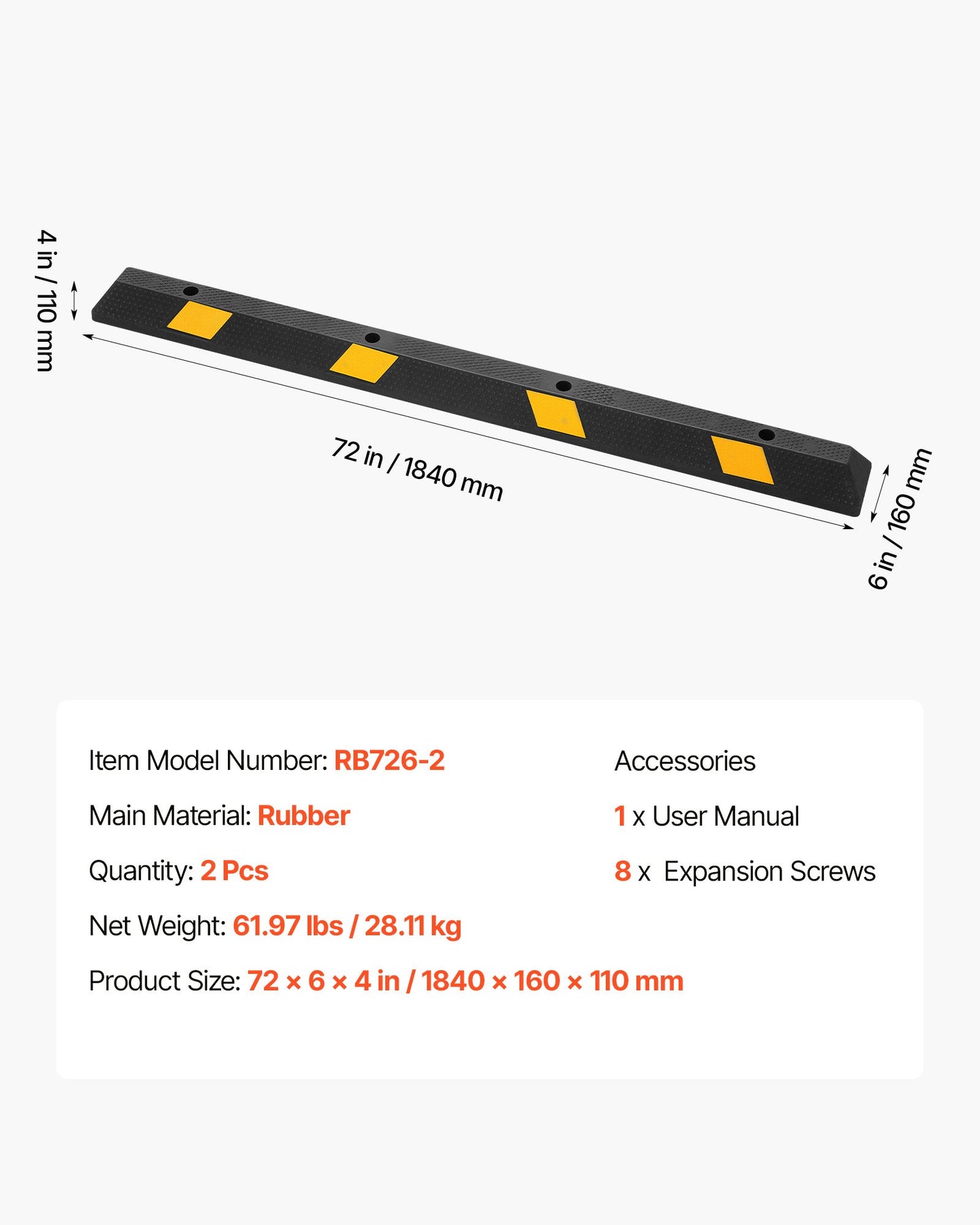 Parking Stopper, 1840 mm 2 Pcs Heavy Duty Parking Aid for Garage, Rubber Curb Garage Floor Stopper with Reflective Strips, Aid Gadgets for Cars Vans Trucks Tire Wheel Guide Block Stops Bumpers