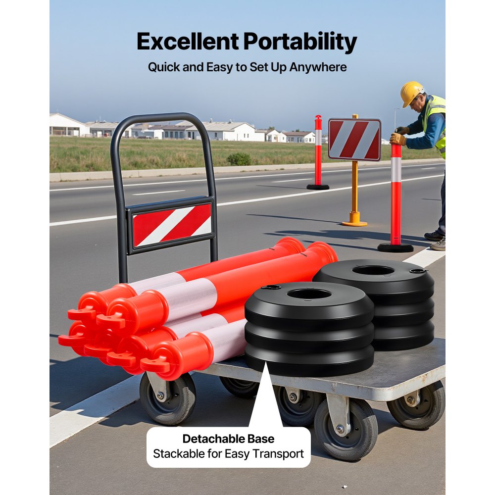 3 Pack Traffic Delineator Posts, 1140 mm Traffic Safety Cones with Fillable Base and Reflective Strips, Heavy Duty Delin
