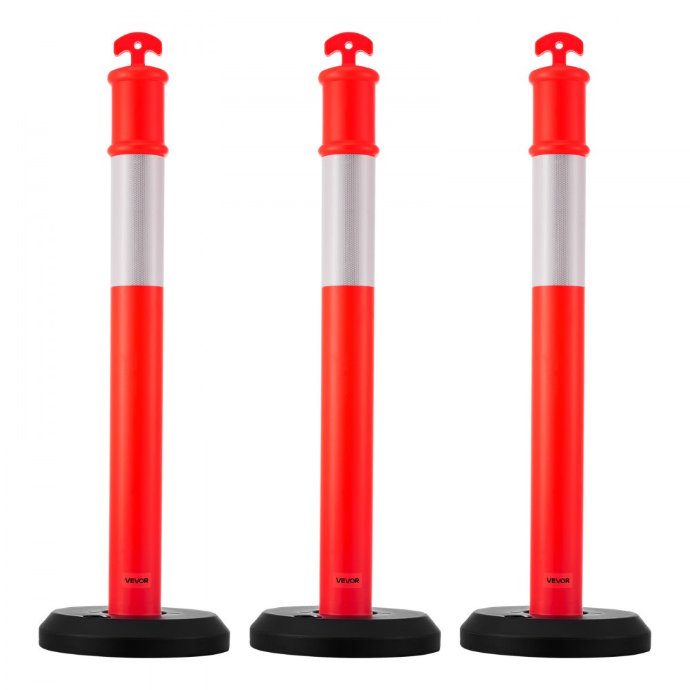 3 Pack Traffic Delineator Posts, 1140 mm Traffic Safety Cones with Fillable Base and Reflective Strips, Heavy Duty Delin