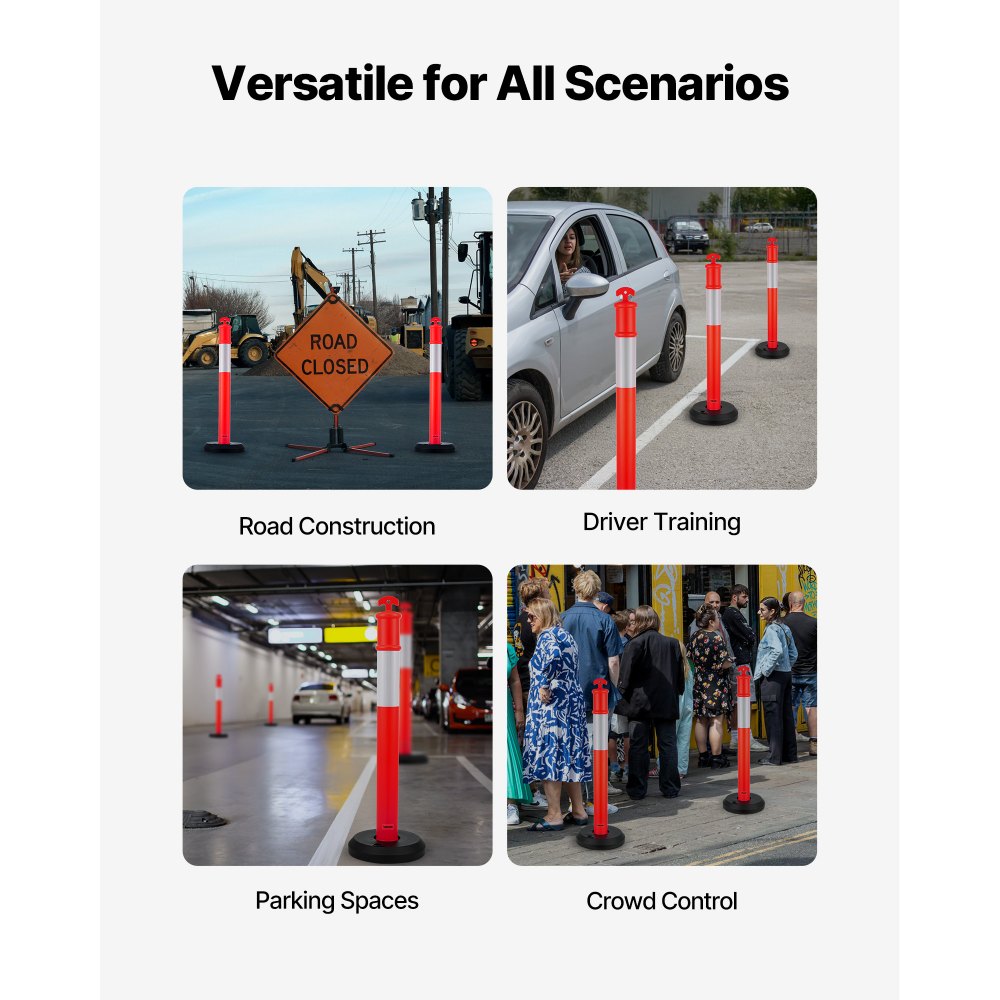 6 Pack Traffic Delineator Posts, 1140 mm Traffic Safety Cones with Fillable Base and Reflective Strips, Heavy Duty Delin