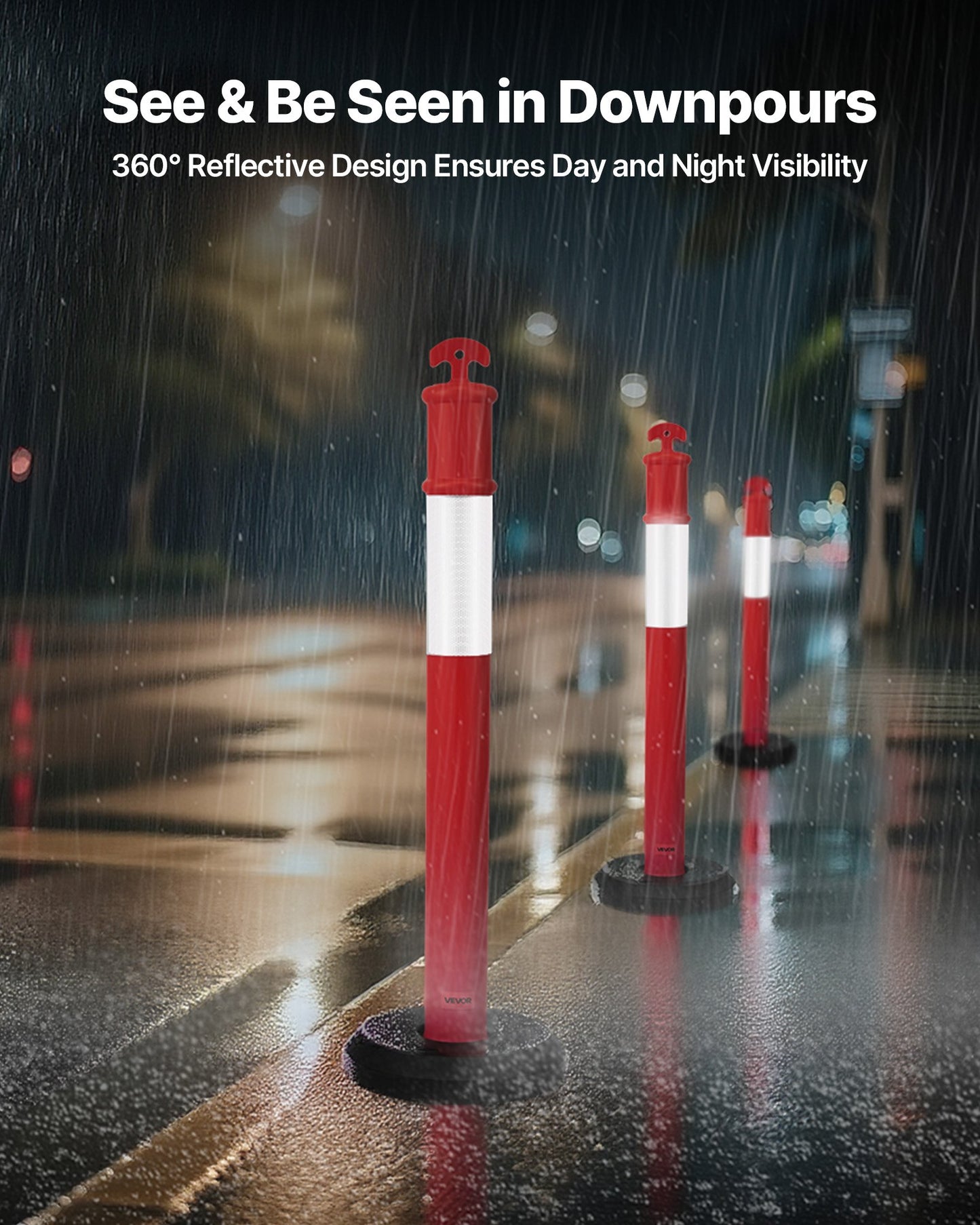 9 Pack Traffic Delineator Posts, 1140 mm Traffic Safety Cones with Fillable Base and Reflective Strips, Heavy Duty Delineator Posts for Construction Site, Parking Lot, Crowd Control, Red