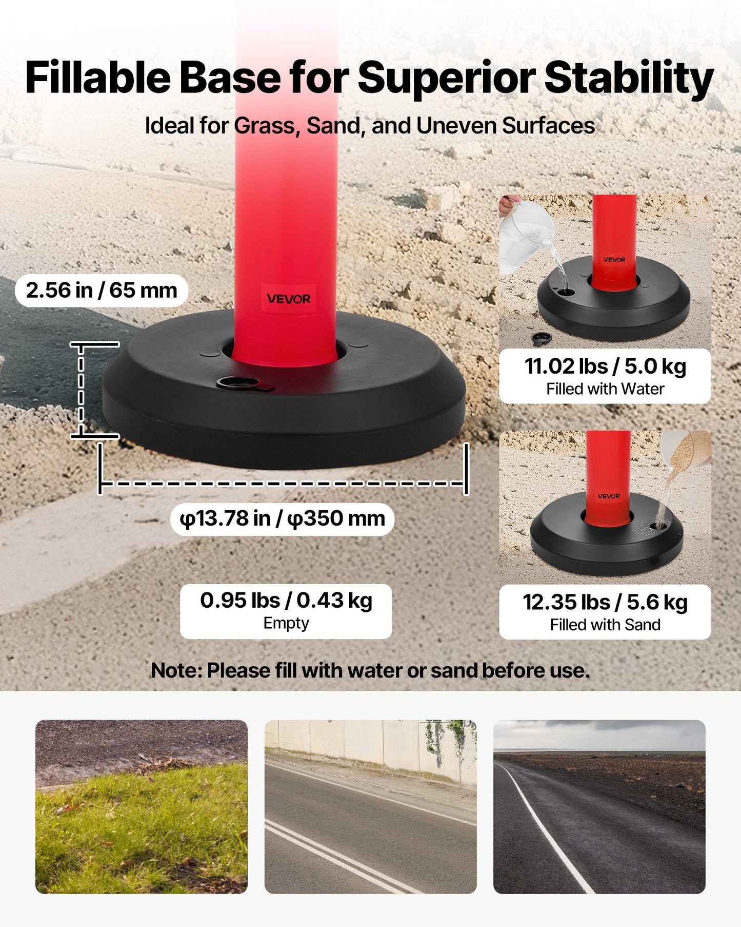 9 Pack Traffic Delineator Posts, 1140 mm Traffic Safety Cones with Fillable Base and Reflective Strips, Heavy Duty Delineator Posts for Construction Site, Parking Lot, Crowd Control, Red