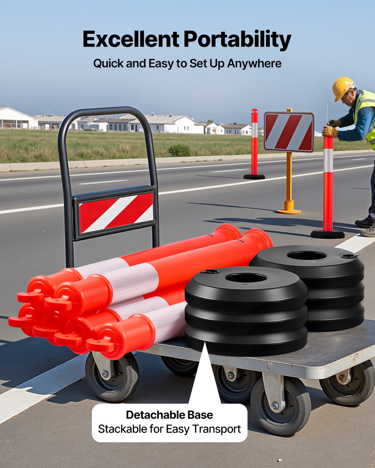 9 Pack Traffic Delineator Posts, 1140 mm Traffic Safety Cones with Fillable Base and Reflective Strips, Heavy Duty Delineator Posts for Construction Site, Parking Lot, Crowd Control, Red