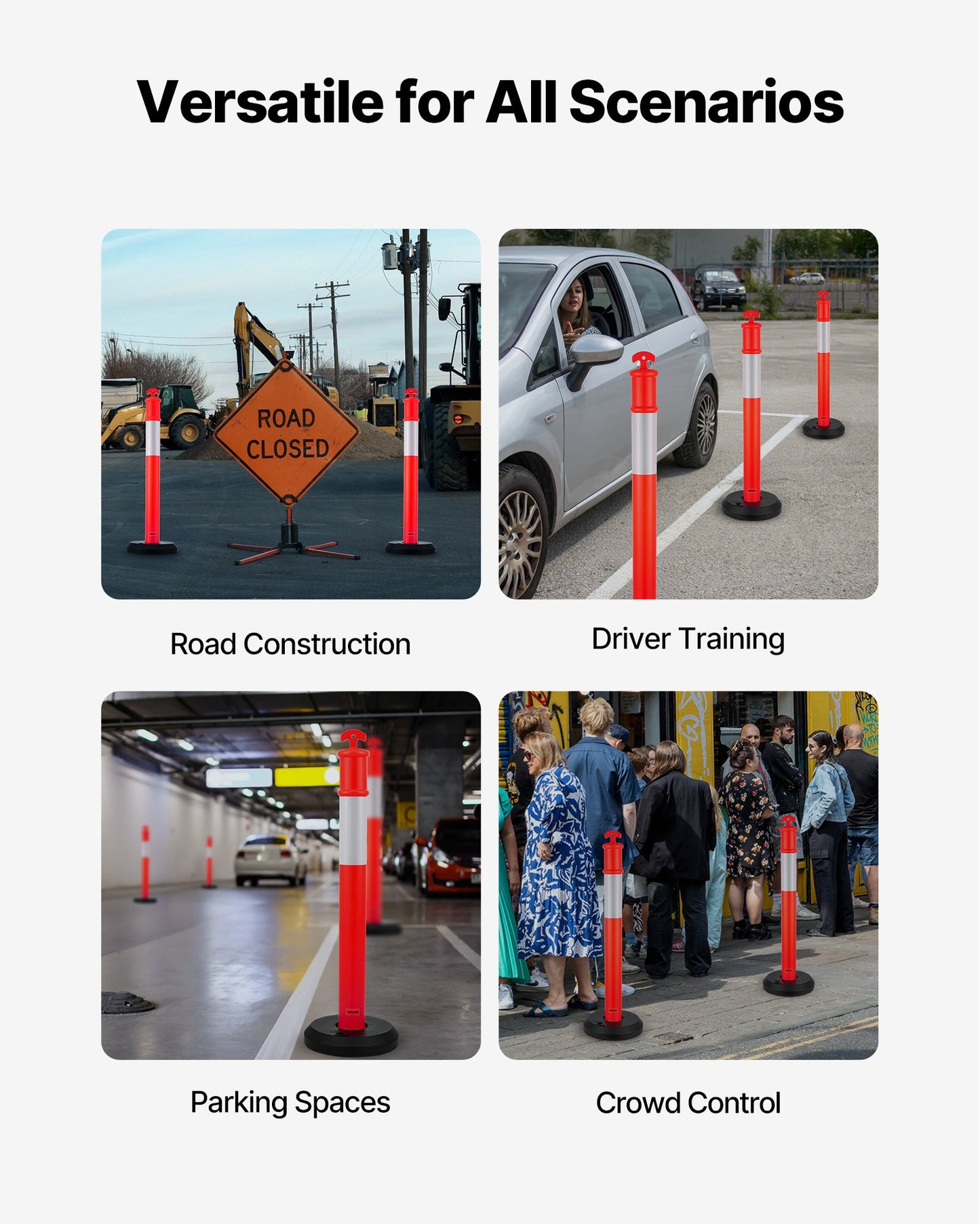 9 Pack Traffic Delineator Posts, 1140 mm Traffic Safety Cones with Fillable Base and Reflective Strips, Heavy Duty Delineator Posts for Construction Site, Parking Lot, Crowd Control, Red
