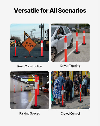9 Pack Traffic Delineator Posts, 1140 mm Traffic Safety Cones with Fillable Base and Reflective Strips, Heavy Duty Delineator Posts for Construction Site, Parking Lot, Crowd Control, Red