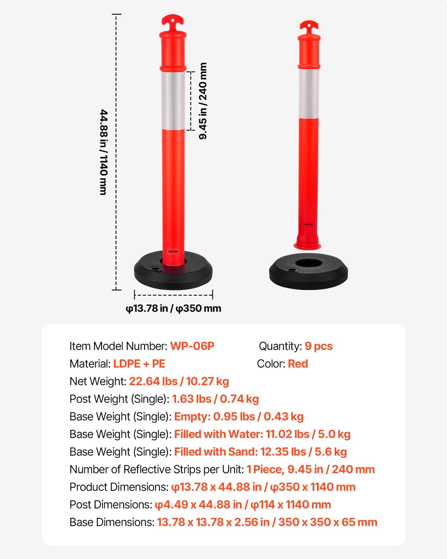 9 Pack Traffic Delineator Posts, 1140 mm Traffic Safety Cones with Fillable Base and Reflective Strips, Heavy Duty Delineator Posts for Construction Site, Parking Lot, Crowd Control, Red