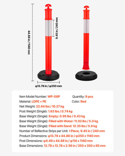 9 Pack Traffic Delineator Posts, 1140 mm Traffic Safety Cones with Fillable Base and Reflective Strips, Heavy Duty Delineator Posts for Construction Site, Parking Lot, Crowd Control, Red