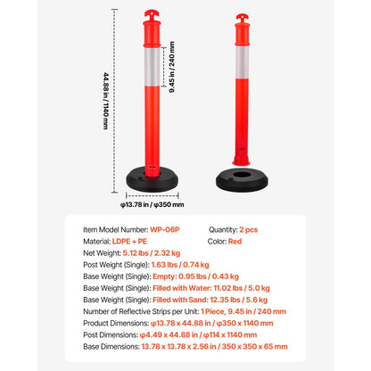 2 Pack Traffic Delineator Posts 1140 mm Traffic Safety Cones Fillable Base