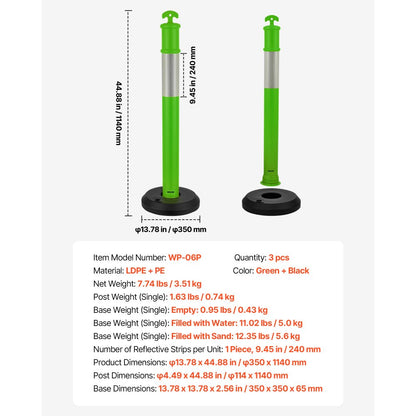 3 Pack Traffic Delineator Posts 1140 mm Safety Cones Fillable Base Green