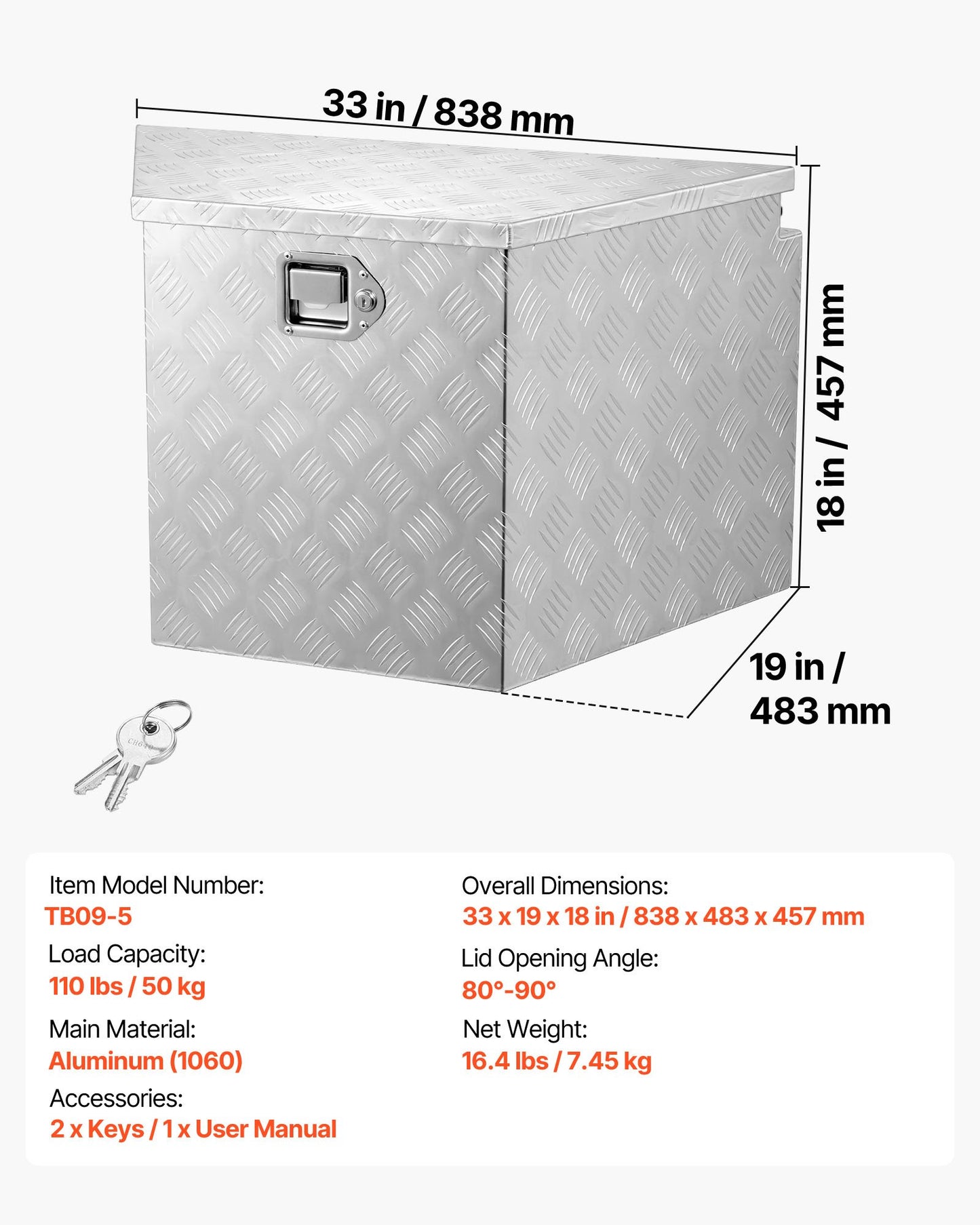 Trailer Tongue Box, 838 x 483 x 457 mm Aluminum Trailer Tongue Tool Box, Heavy Duty Storage Organizer with Lock & Keys, Utility Tool Chest for Pickup Truck Bed, RV, SUV, Off-Road Vehicle, Silver