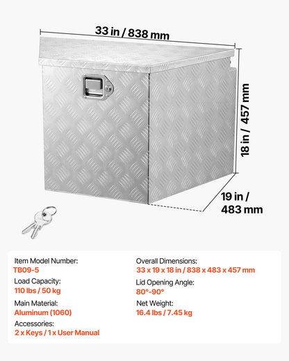 Trailer Tongue Box, 838 x 483 x 457 mm Aluminum Trailer Tongue Tool Box, Heavy Duty Storage Organizer with Lock & Keys, Utility Tool Chest for Pickup Truck Bed, RV, SUV, Off-Road Vehicle, Silver