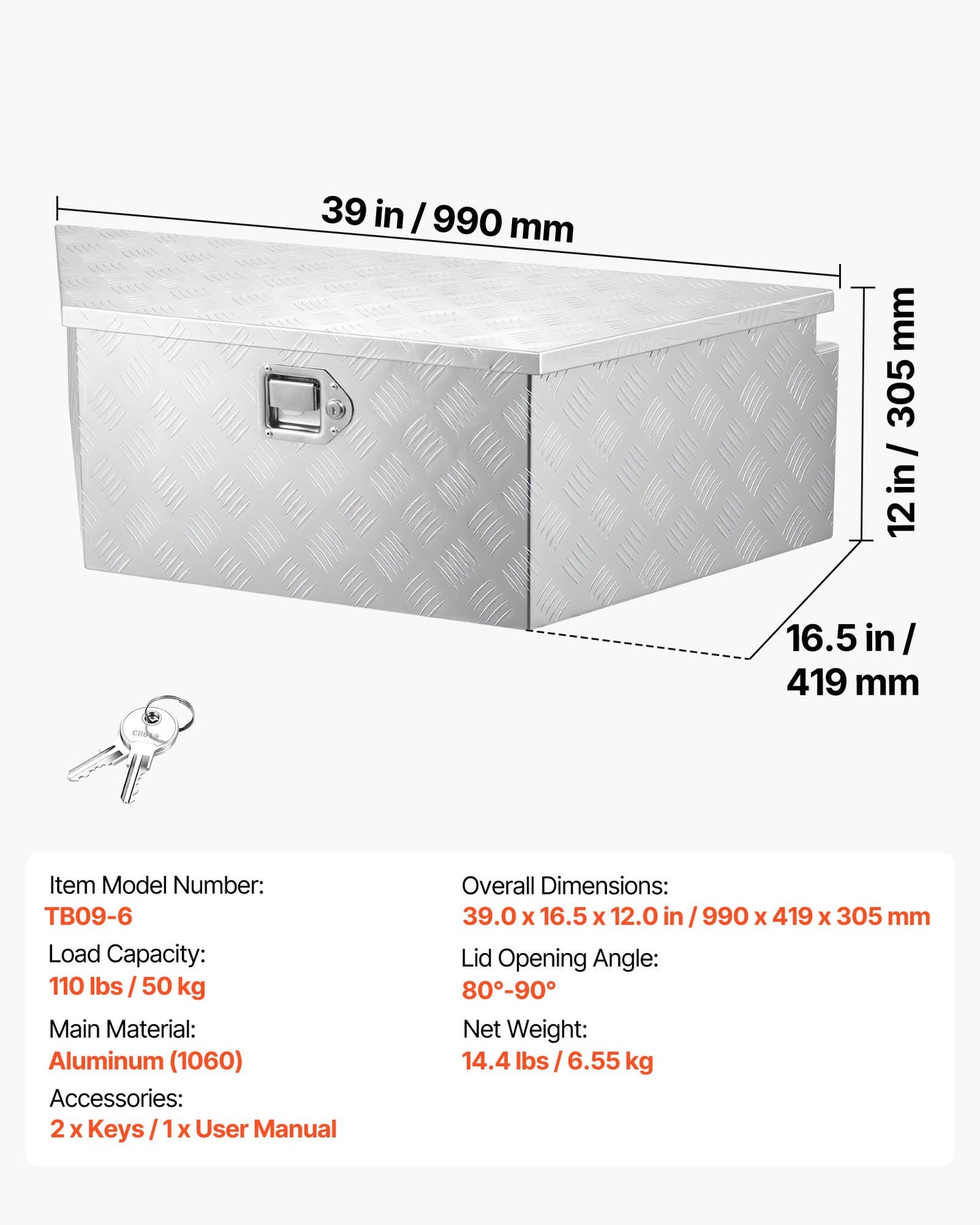 Trailer Tongue Box, 990 x 419 x 305 mm Aluminum Trailer Tongue Tool Box, Heavy Duty Storage Organizer with Lock & Keys, Utility Tool Chest for Pickup Truck Bed, RV, SUV, Off-Road Vehicle, Silver