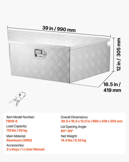 Trailer Tongue Box, 990 x 419 x 305 mm Aluminum Trailer Tongue Tool Box, Heavy Duty Storage Organizer with Lock & Keys, Utility Tool Chest for Pickup Truck Bed, RV, SUV, Off-Road Vehicle, Silver