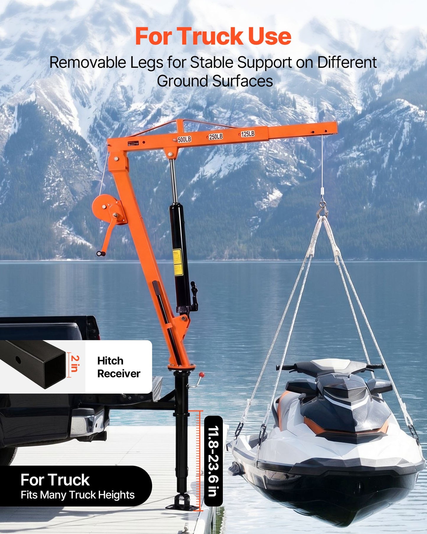 Truck Crane, 227 kg Pickup Hitch Crane Trailer Hitch Mounted with Manual Winch & Hydraulic Jack, 360° Rotating Telescopic Boom, Foldable Truck Bed Jib Hoist for Machine Lumber Equipment Lifting