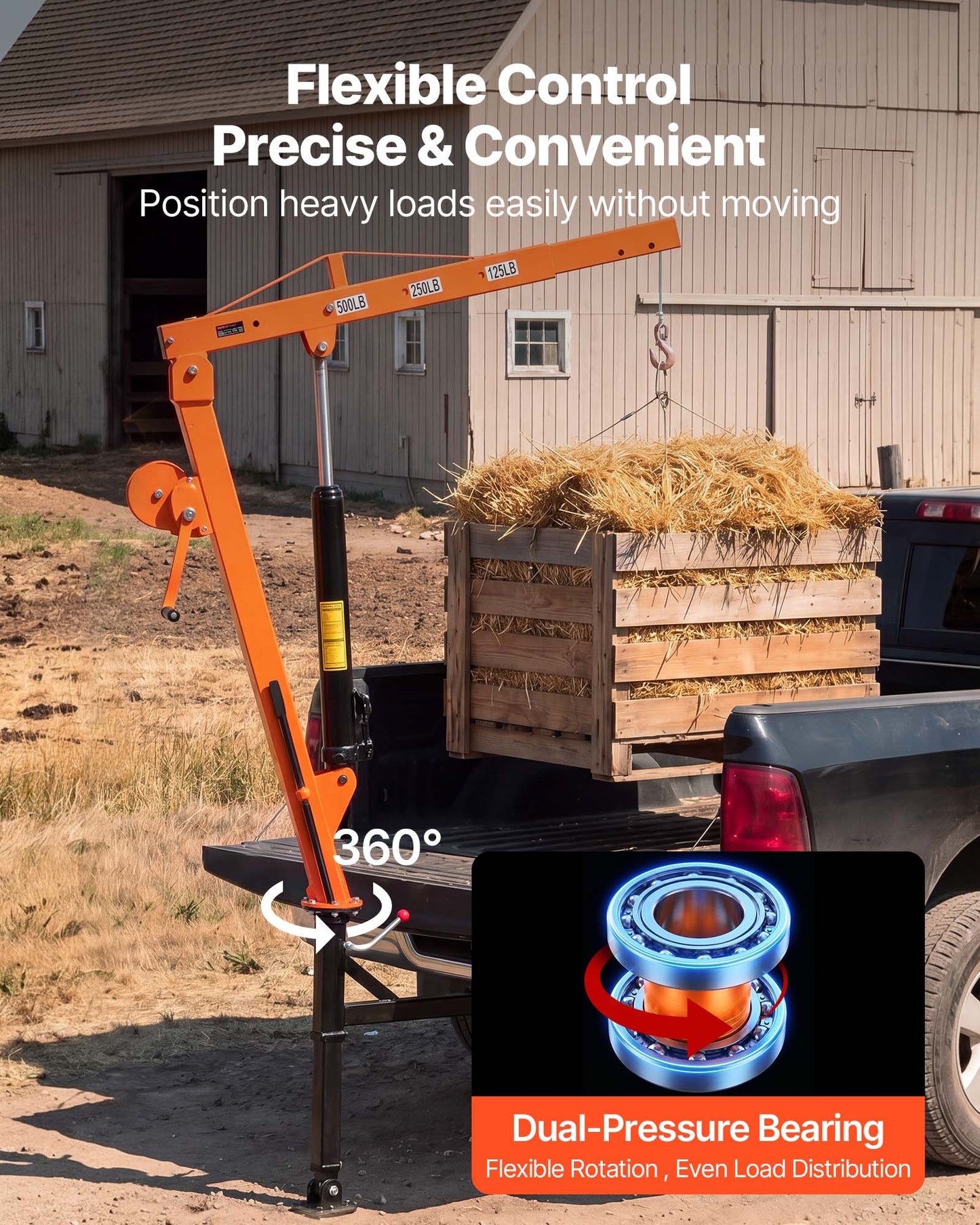 Truck Crane, 227 kg Pickup Hitch Crane Trailer Hitch Mounted with Manual Winch & Hydraulic Jack, 360° Rotating Telescopic Boom, Foldable Truck Bed Jib Hoist for Machine Lumber Equipment Lifting