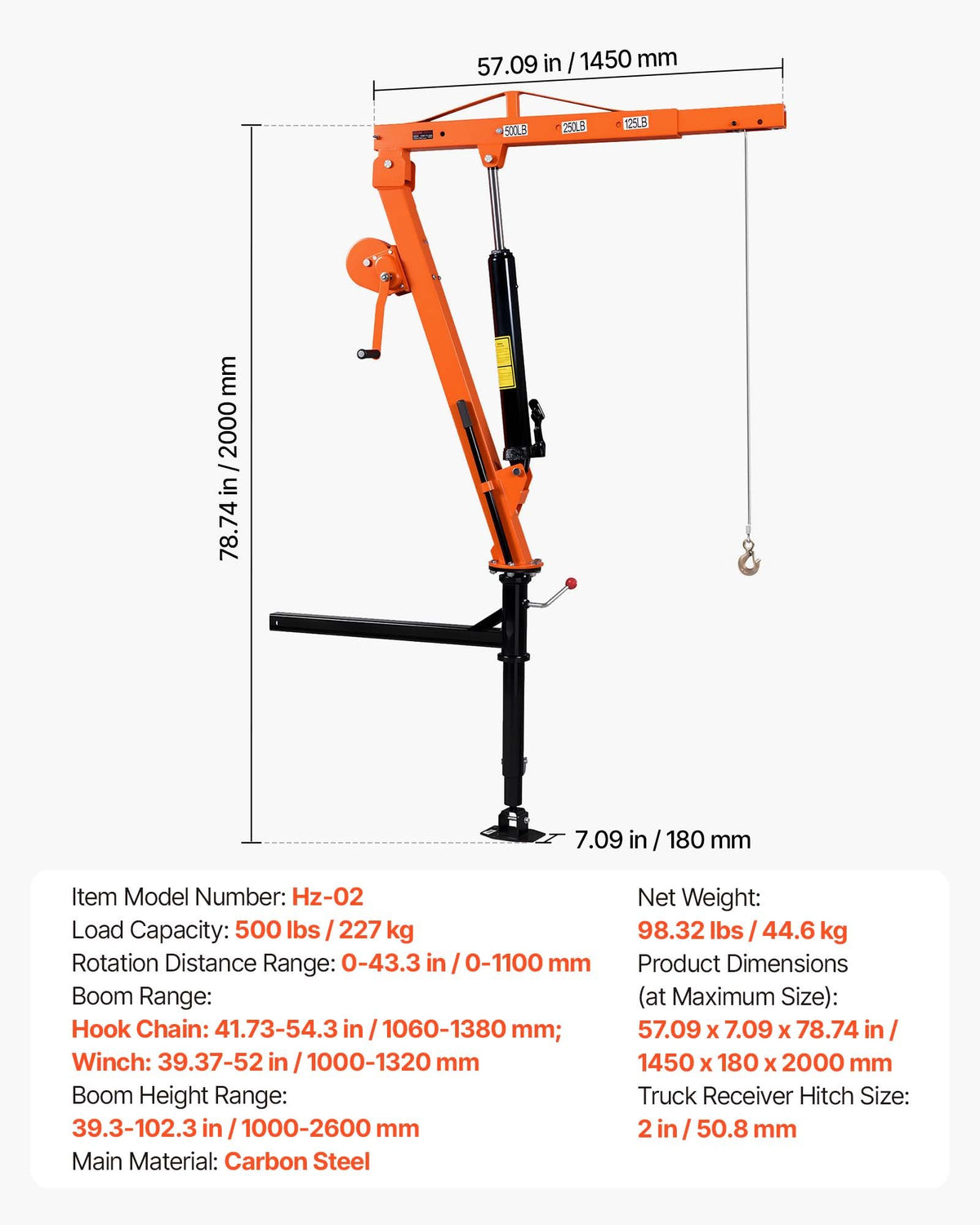 Truck Crane, 227 kg Pickup Hitch Crane Trailer Hitch Mounted with Manual Winch & Hydraulic Jack, 360° Rotating Telescopic Boom, Foldable Truck Bed Jib Hoist for Machine Lumber Equipment Lifting